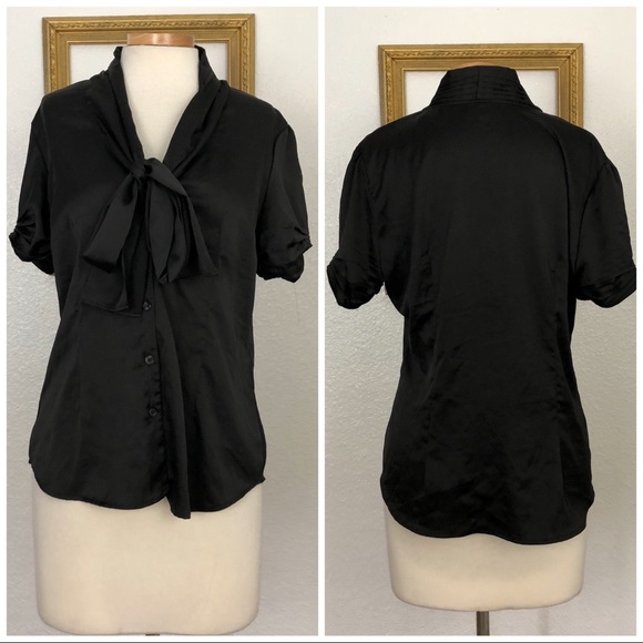 New York & Company Tops - New York & Co Black Silky Stretch Neck Tie Blouse